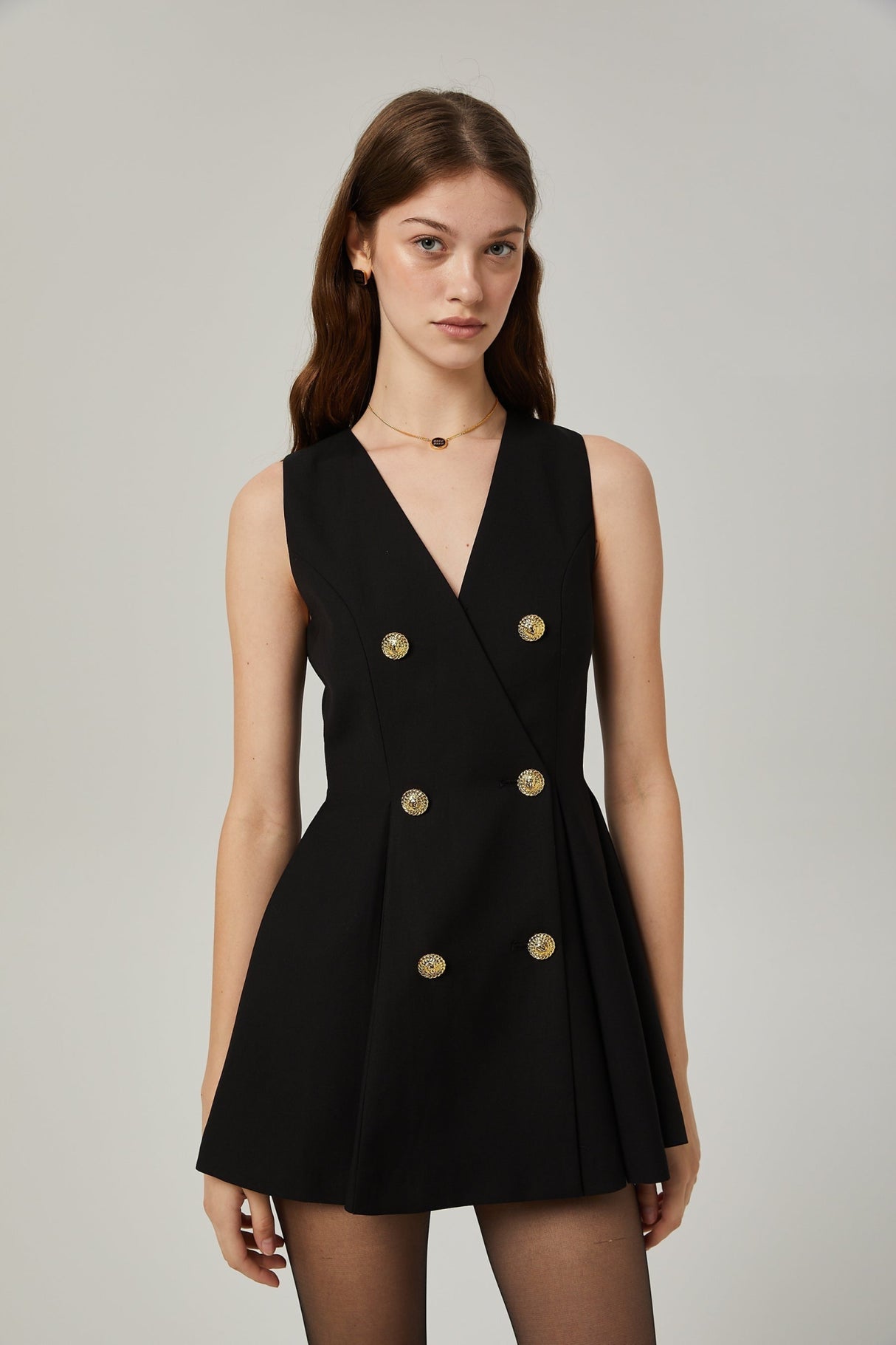 Nora Mini Dress Black Flared Crossover Gold Button