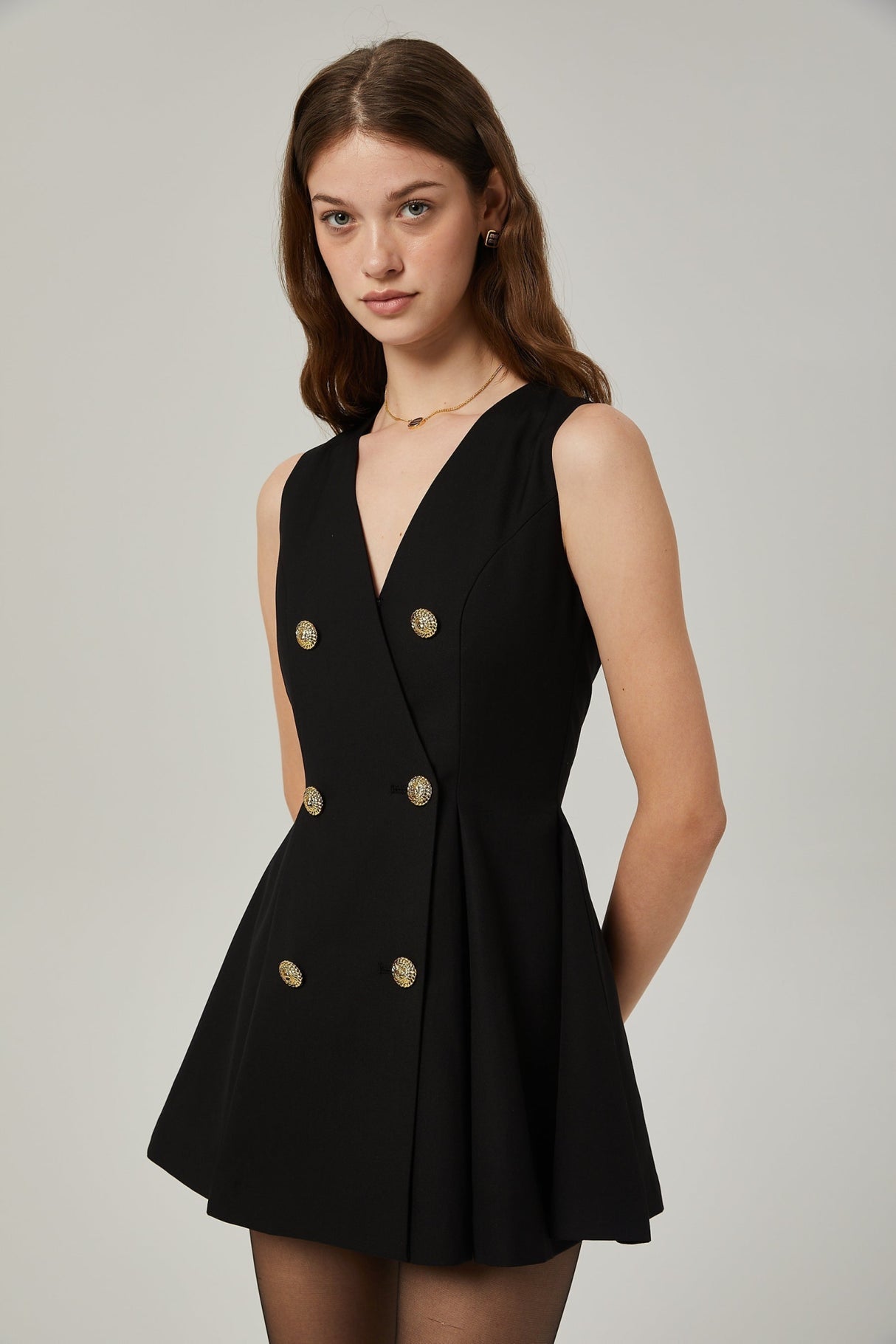 Nora Mini Dress Black Flared Crossover Gold Button