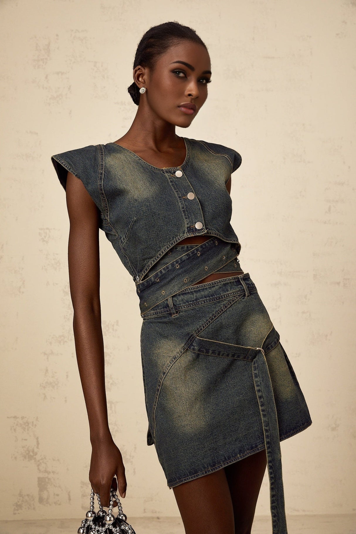 Nora Skirt & Top Set Blue Denim Cross Over Matching Outfit