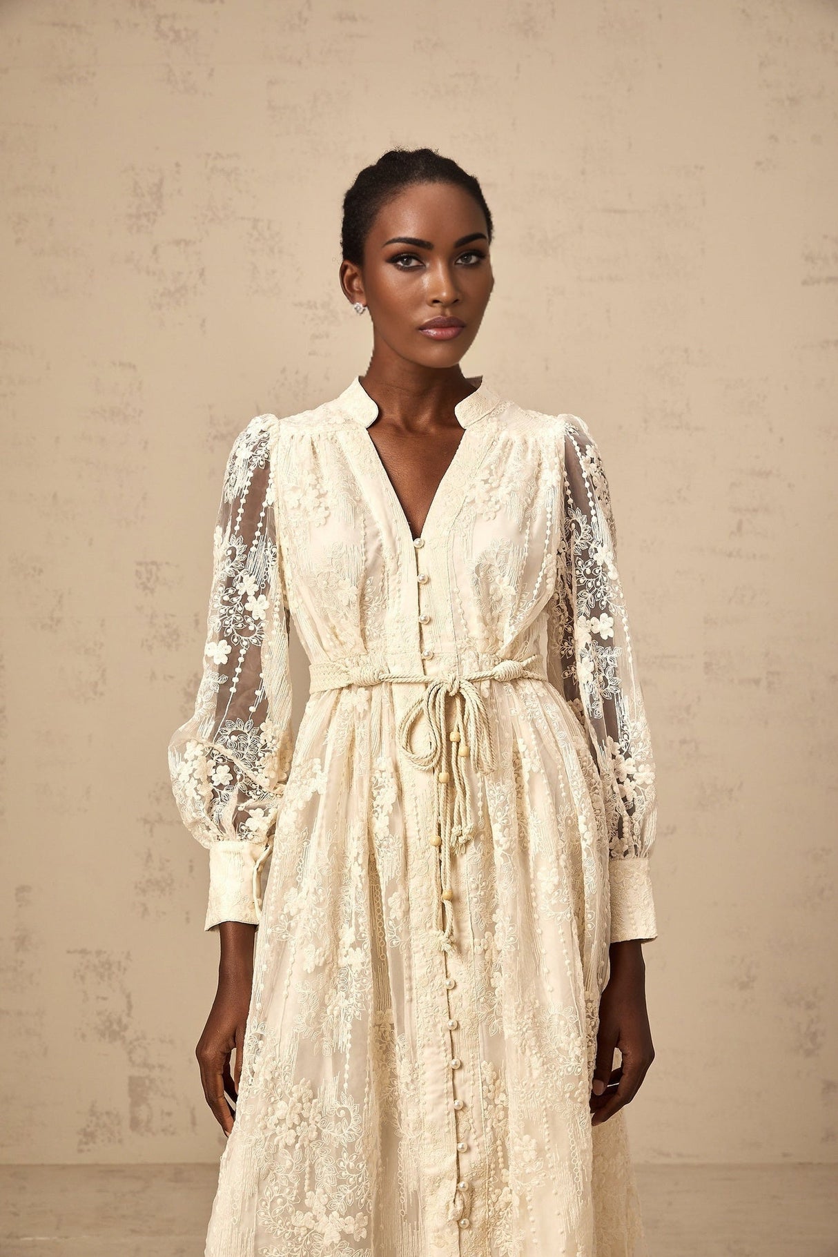 Norah Lace Embroidery Midi Dress in Neutrals