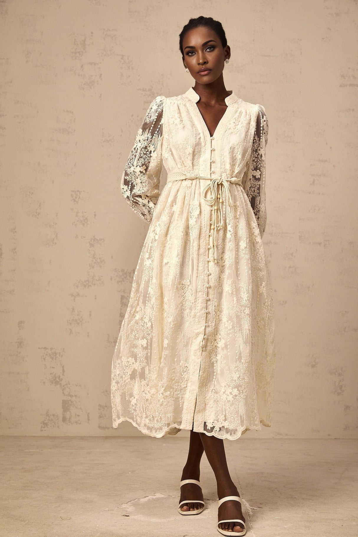 Norah Lace Embroidery Midi Dress in Neutrals