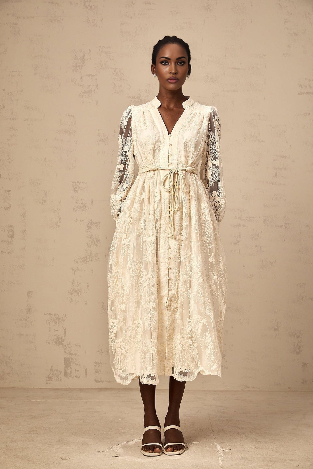 Norah Lace Embroidery Midi Dress in Neutrals