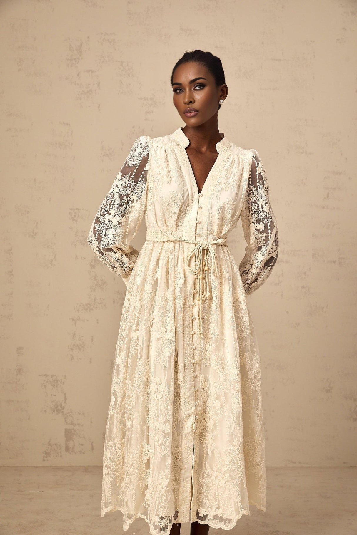 Norah Lace Embroidery Midi Dress in Neutrals