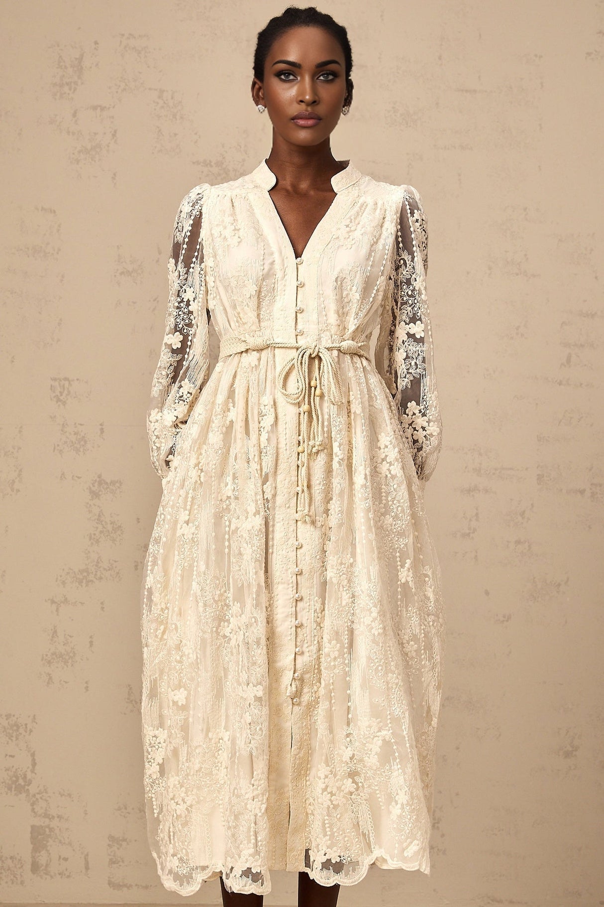 Norah Lace Embroidery Midi Dress in Neutrals