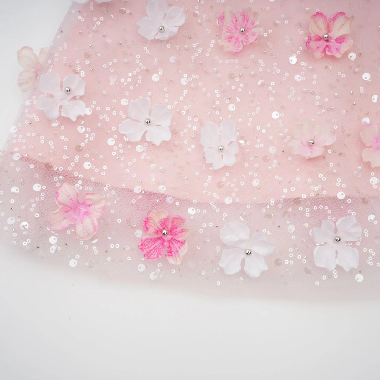 Norah Mini Dress Pink & White 3D Petal Puffy Scallop Hem