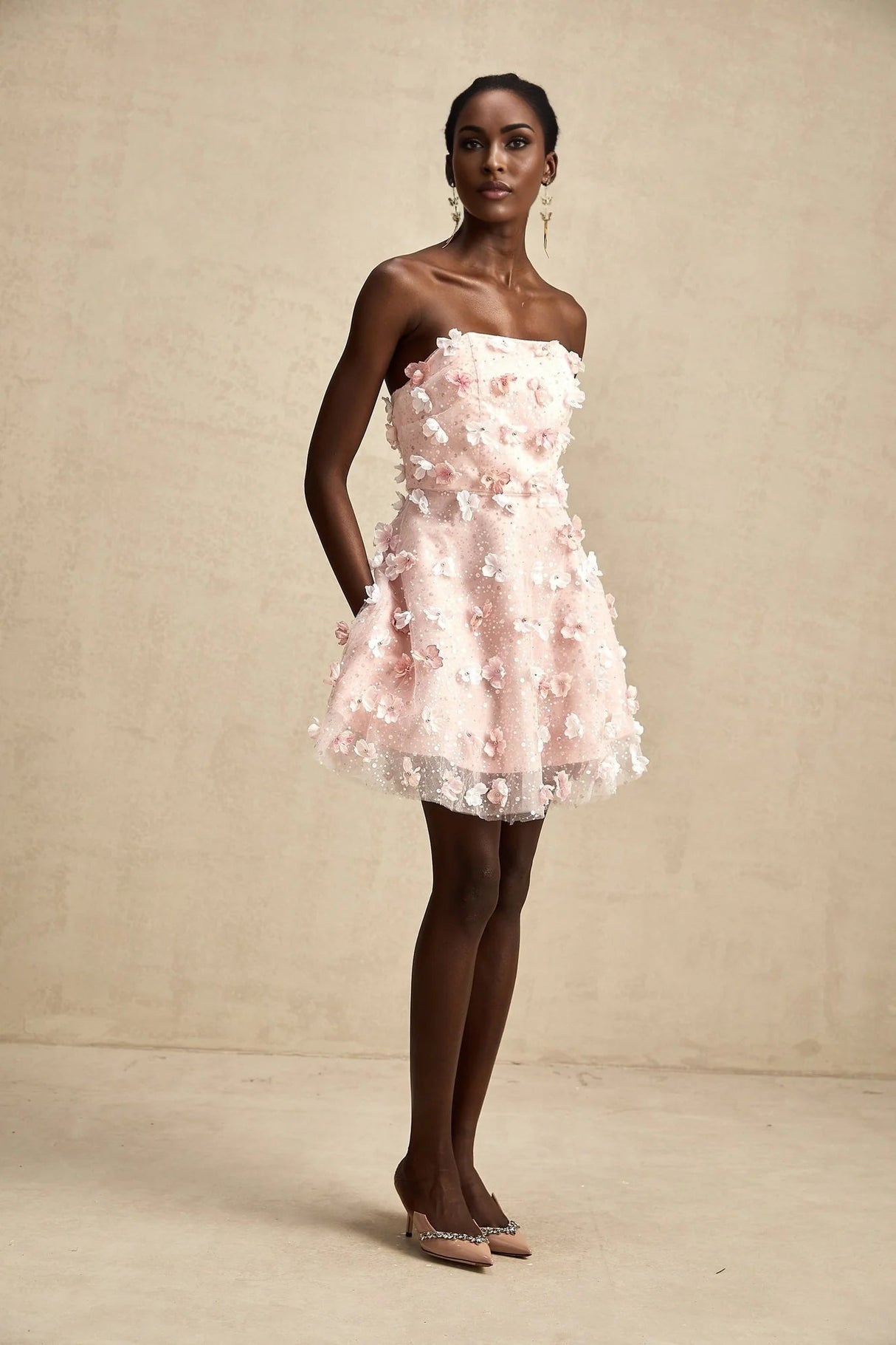 Norah Mini Dress Pink & White 3D Petal Puffy Scallop Hem