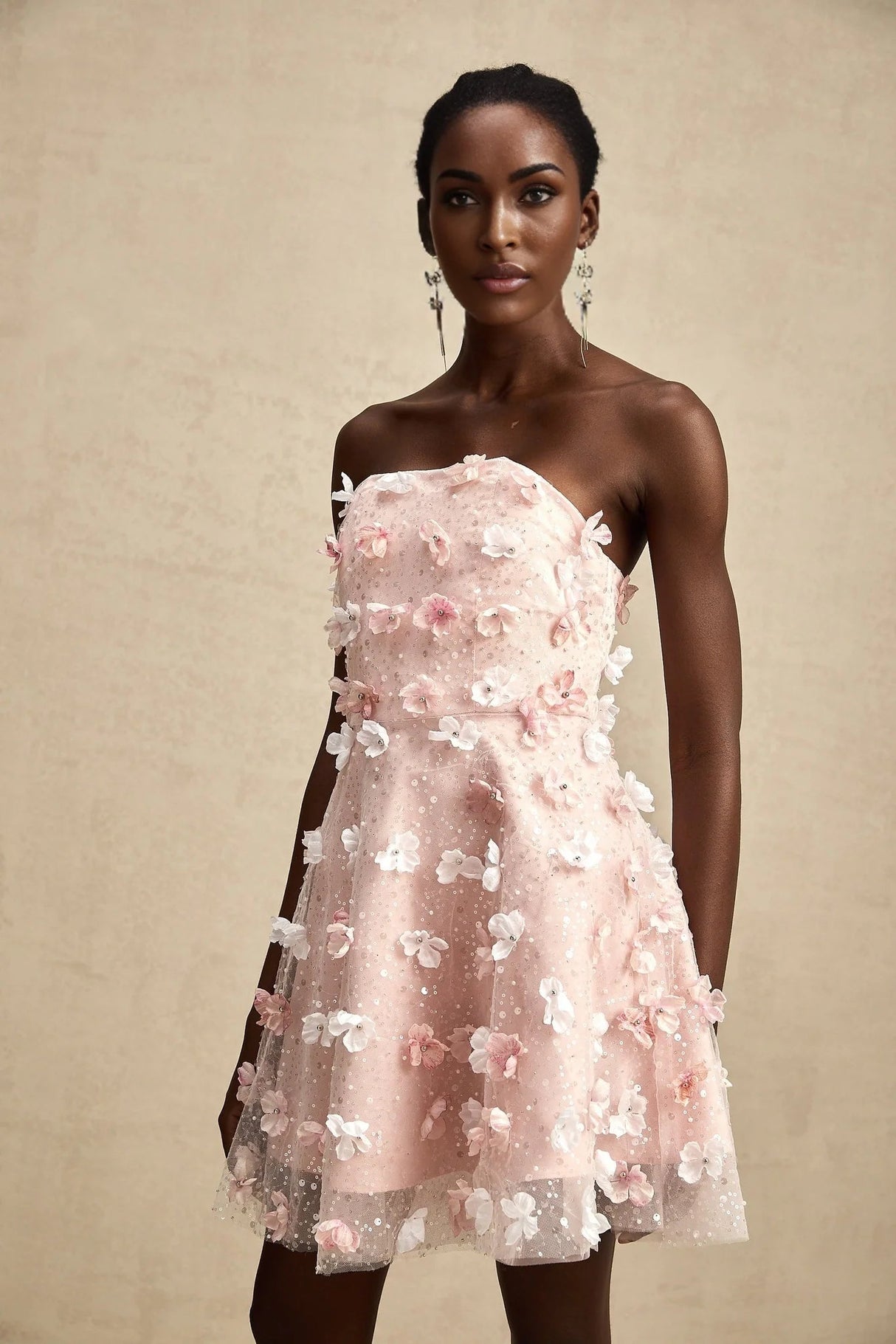 Norah Mini Dress Pink & White 3D Petal Puffy Scallop Hem