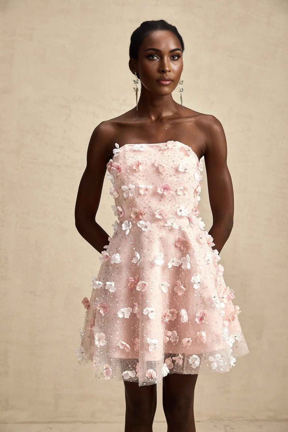 Norah Mini Dress Pink & White 3D Petal Puffy Scallop Hem