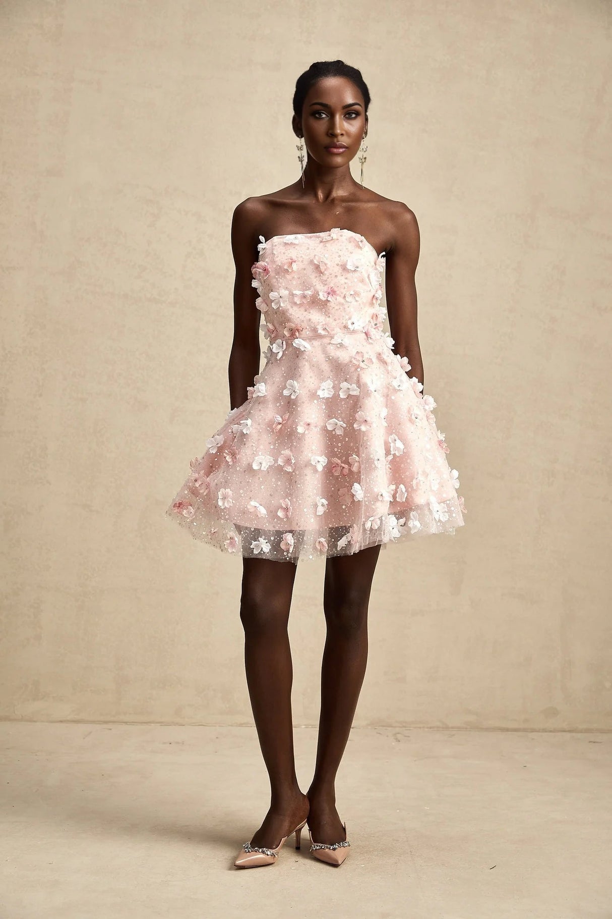 Norah Mini Dress Pink & White 3D Petal Puffy Scallop Hem