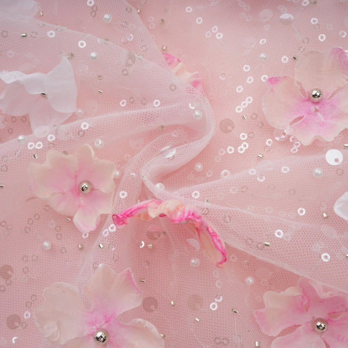 Norah Mini Dress Pink & White 3D Petal Puffy Scallop Hem