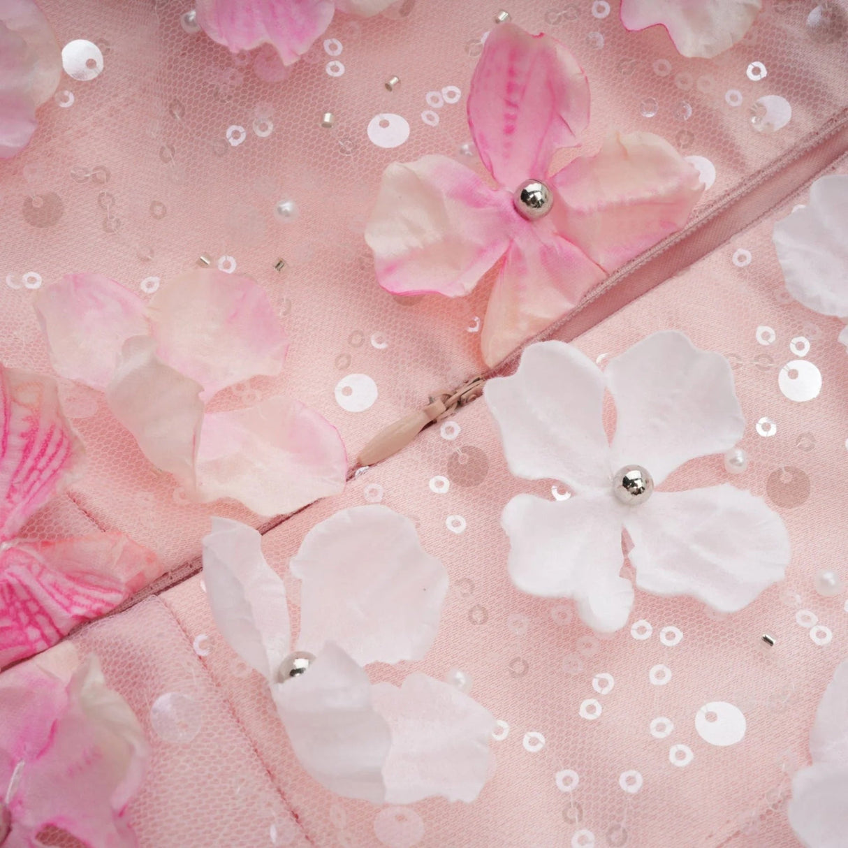 Norah Mini Dress Pink & White 3D Petal Puffy Scallop Hem