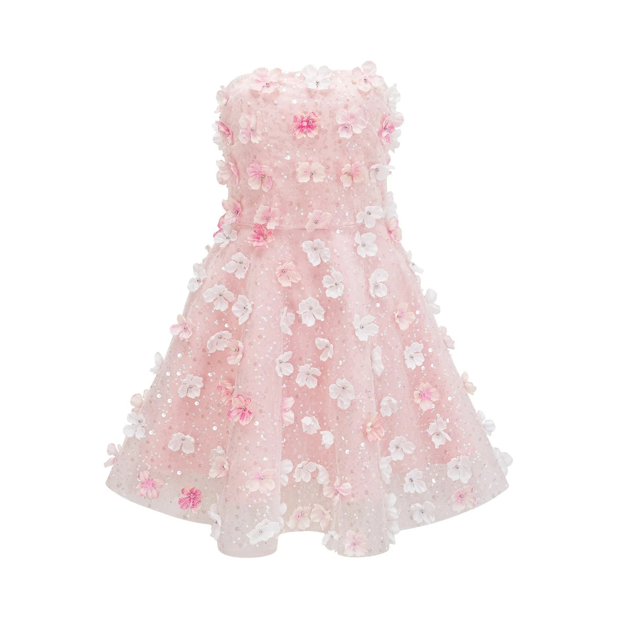 Norah Mini Dress Pink & White 3D Petal Puffy Scallop Hem