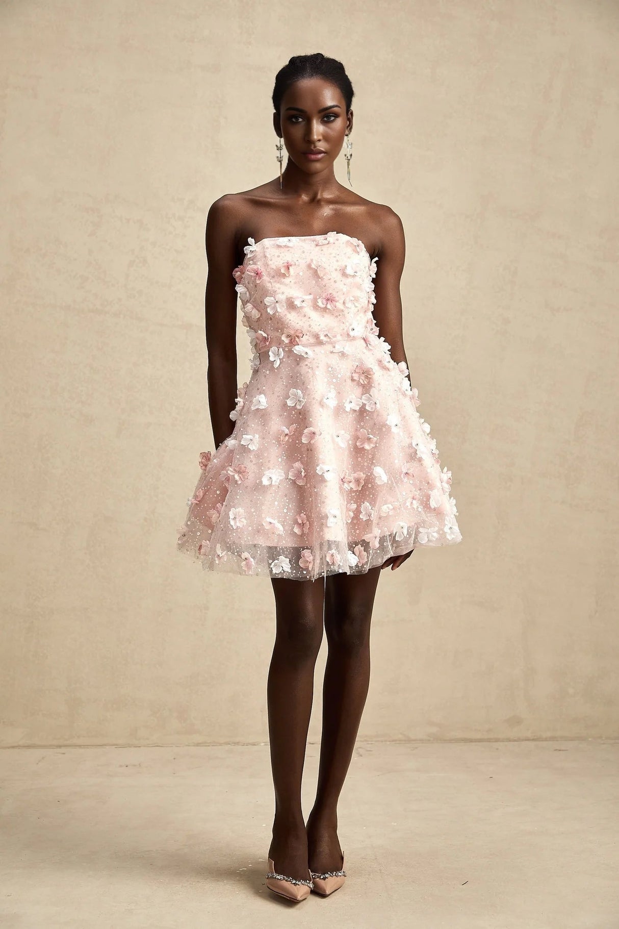 Norah Mini Dress Pink & White 3D Petal Puffy Scallop Hem