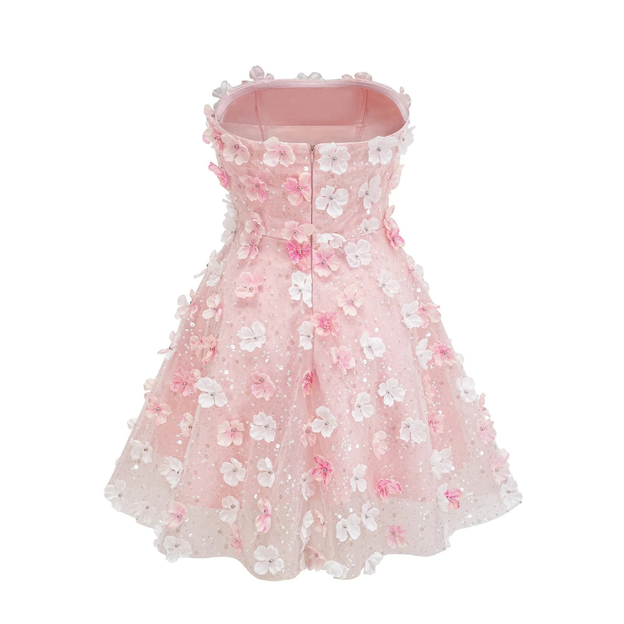 Norah Mini Dress Pink & White 3D Petal Puffy Scallop Hem