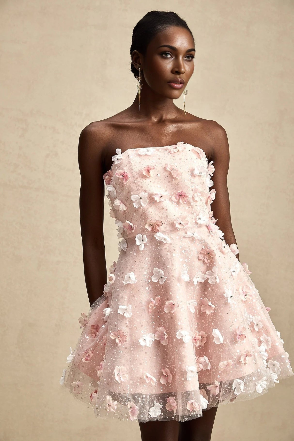 Norah Mini Dress Pink & White 3D Petal Puffy Scallop Hem