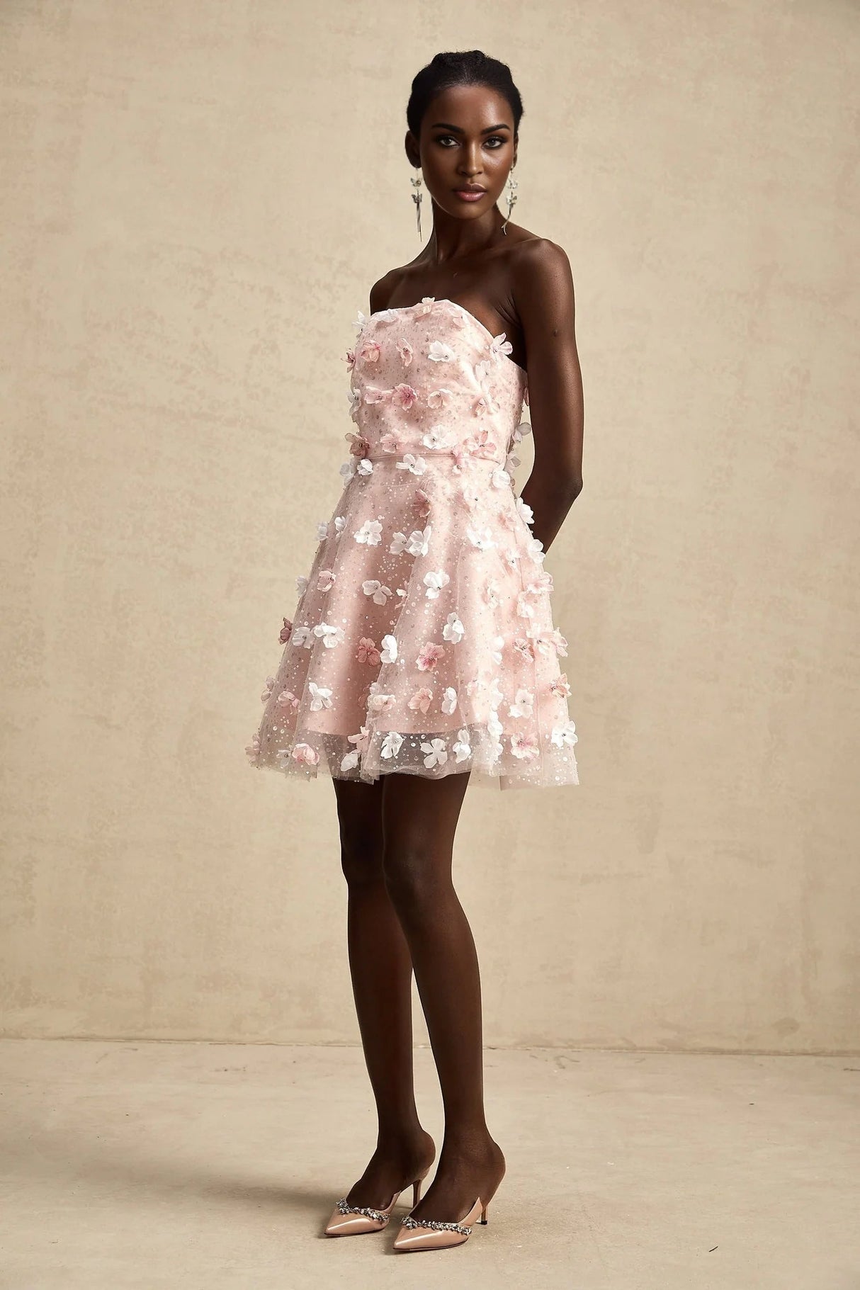 Norah Mini Dress Pink & White 3D Petal Puffy Scallop Hem