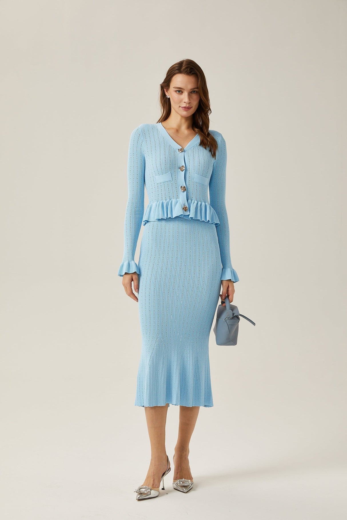 Norah Skirt & Top Set Flared Blue Knit V - Neck