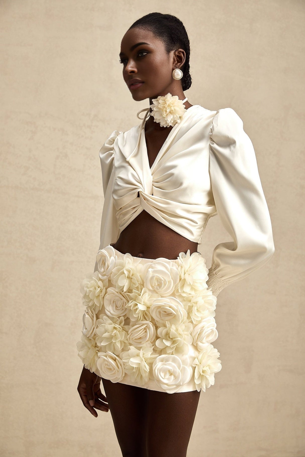 Nouria White Satin Cropped Blouse With Twist Front and Smocked Hem