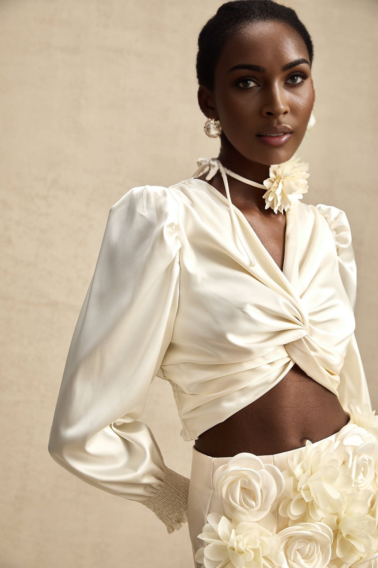 Nouria White Satin Cropped Blouse With Twist Front and Smocked Hem