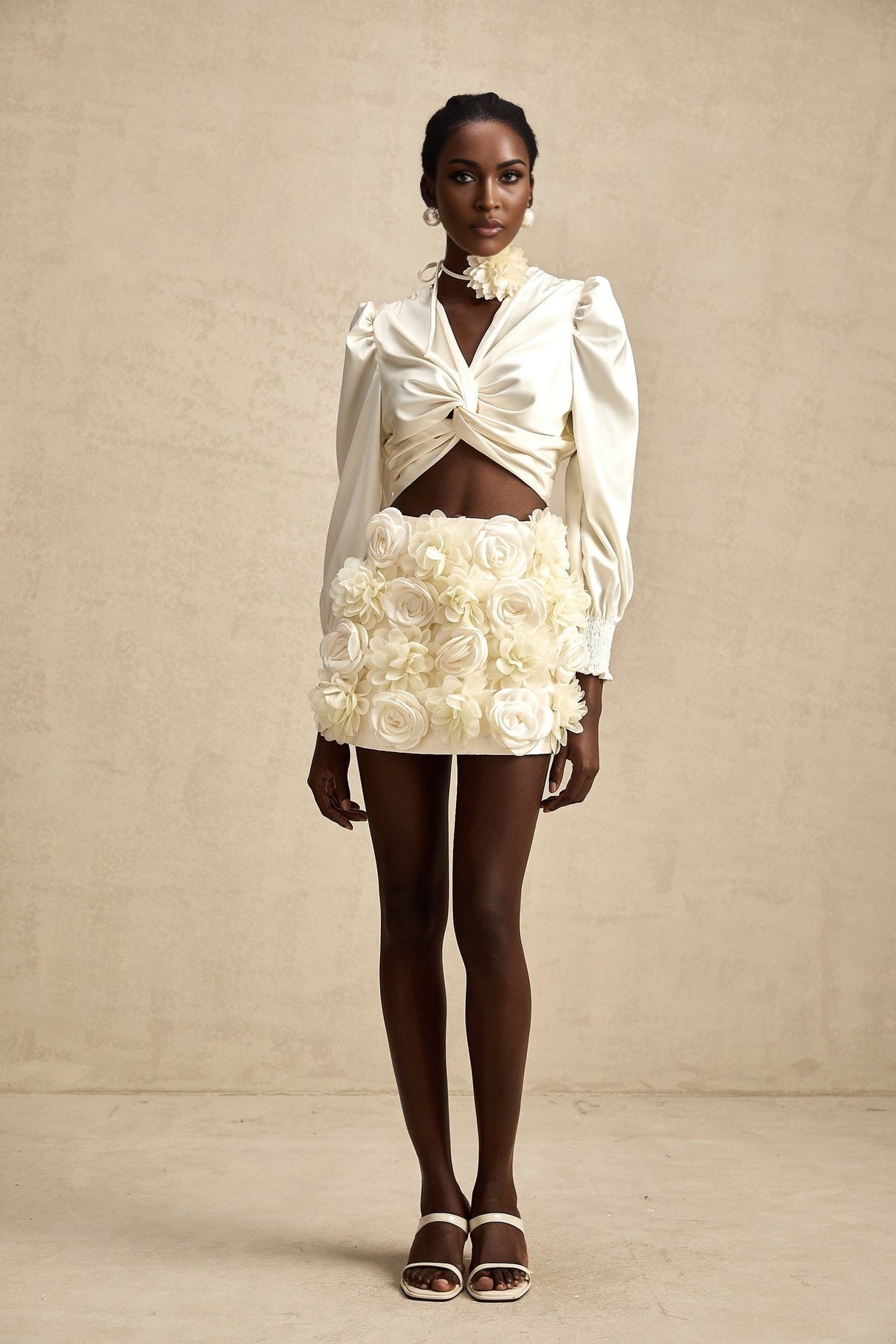 Nouria White Satin Cropped Blouse With Twist Front and Smocked Hem