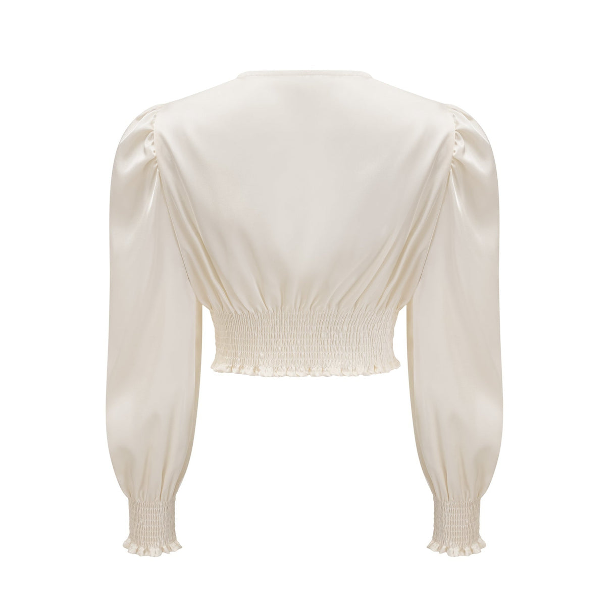 Nouria White Satin Cropped Blouse With Twist Front and Smocked Hem