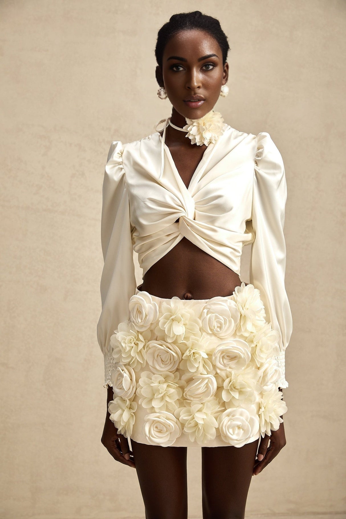 Nouria White Satin Cropped Blouse With Twist Front and Smocked Hem