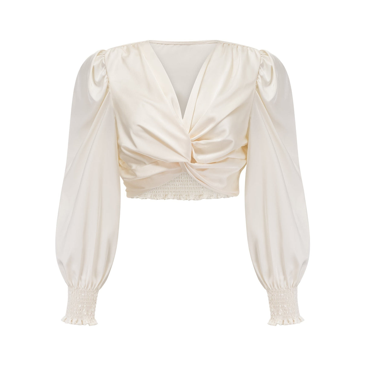 Nouria White Satin Cropped Blouse With Twist Front and Smocked Hem