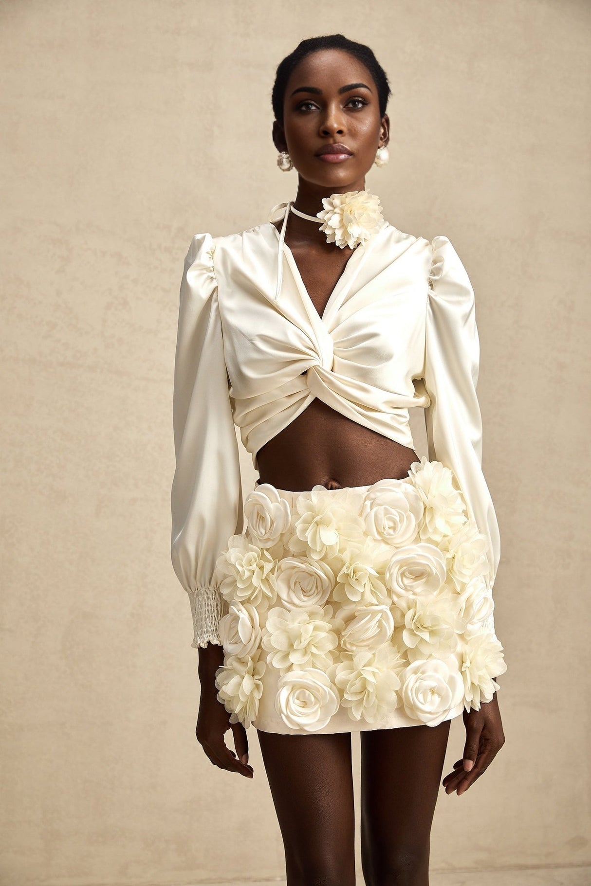 Nouria White Satin Cropped Blouse With Twist Front and Smocked Hem