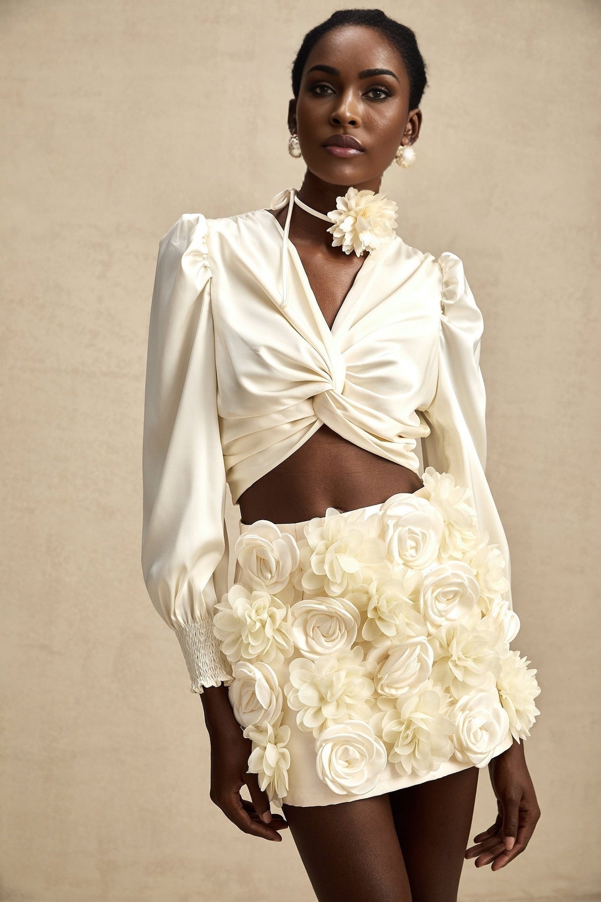 Nouria White Satin Cropped Blouse With Twist Front and Smocked Hem