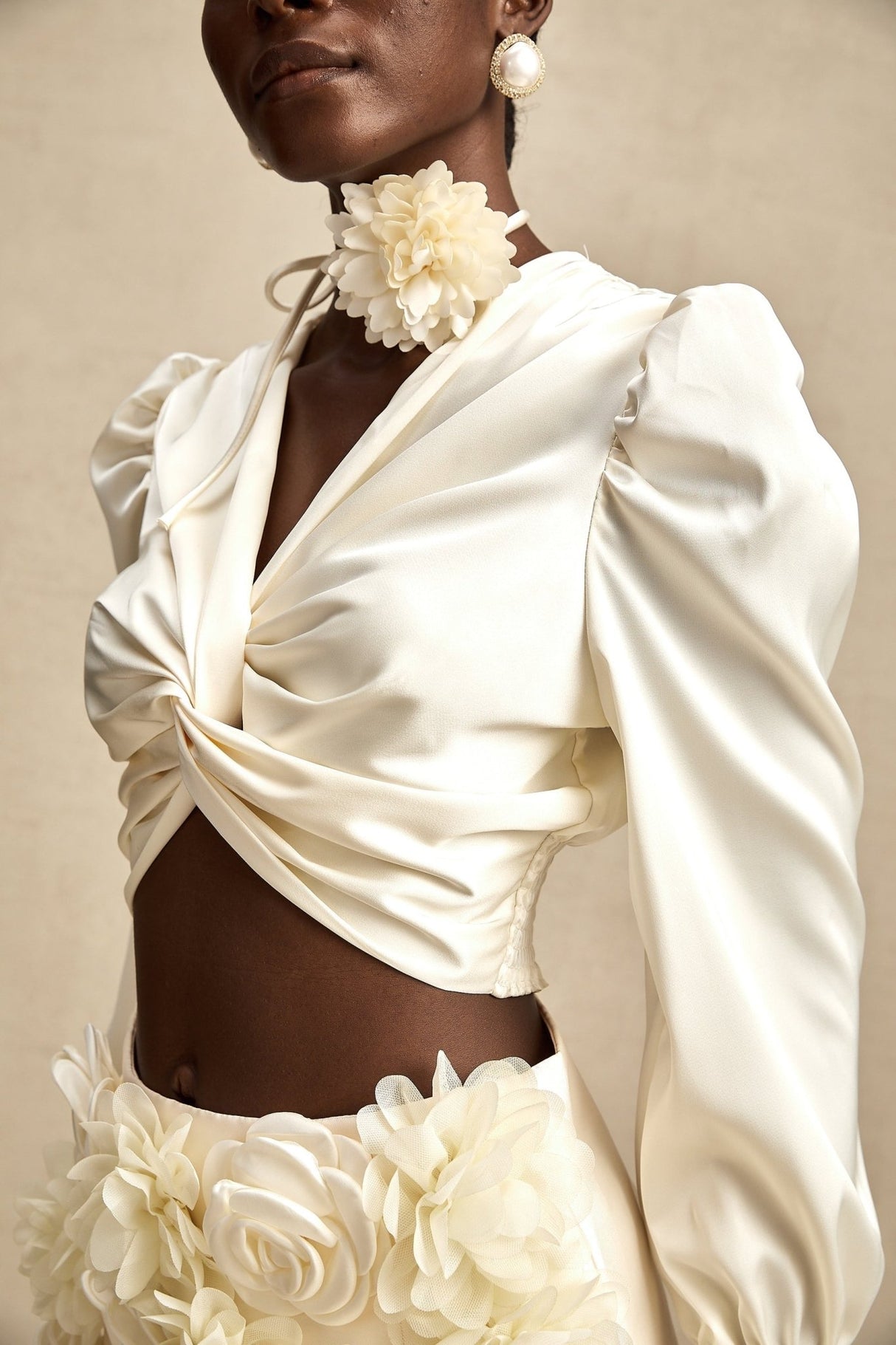 Nouria White Satin Cropped Blouse With Twist Front and Smocked Hem