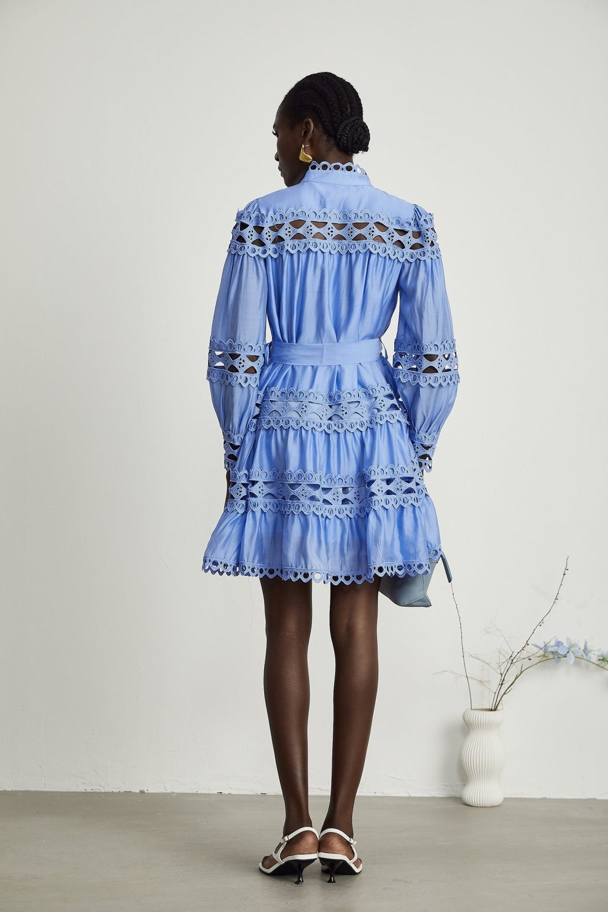 Nova Blue Cut - Out Lace Mini Dress With Waistbelt and Button Front