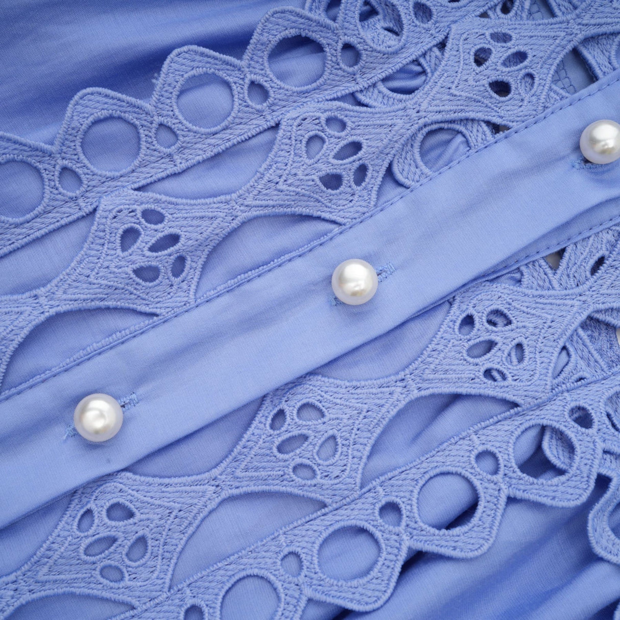 Nova Blue Cut - Out Lace Mini Dress With Waistbelt and Button Front