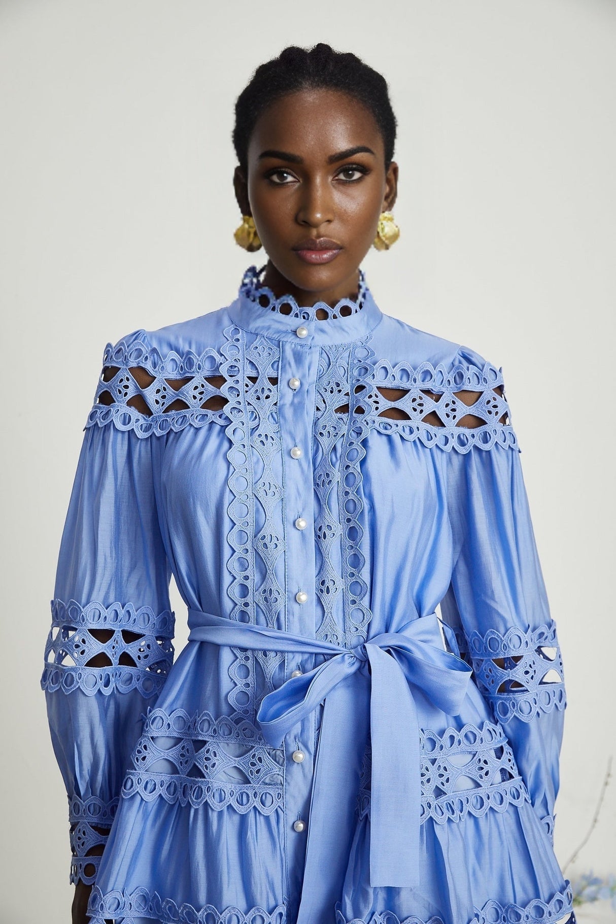 Nova Blue Cut - Out Lace Mini Dress With Waistbelt and Button Front