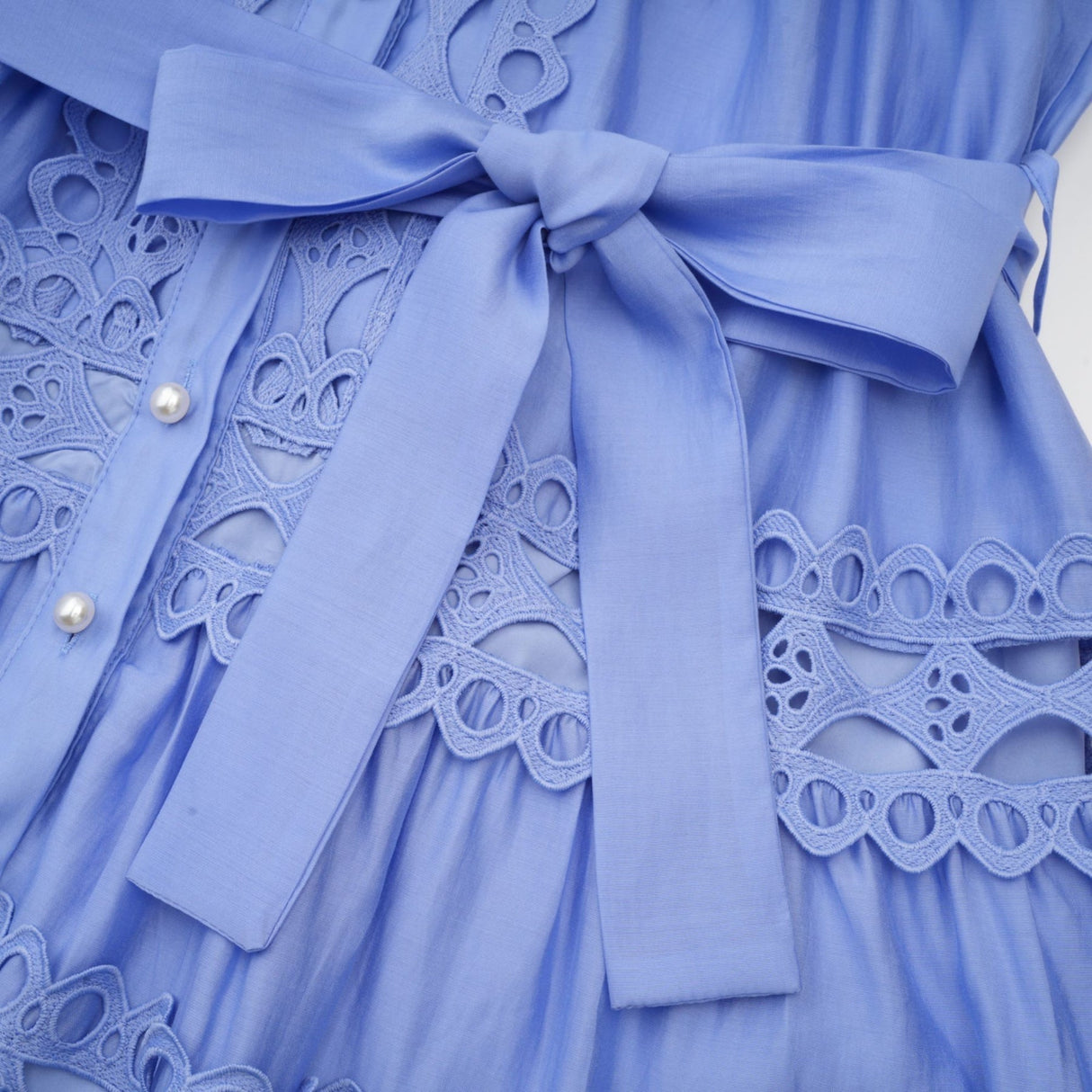 Nova Blue Cut - Out Lace Mini Dress With Waistbelt and Button Front