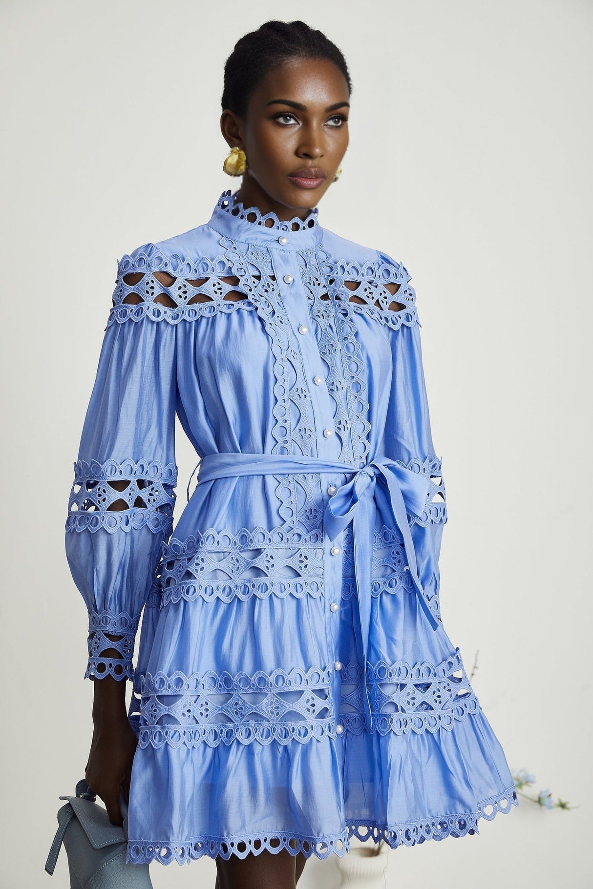 Nova Blue Cut - Out Lace Mini Dress With Waistbelt and Button Front