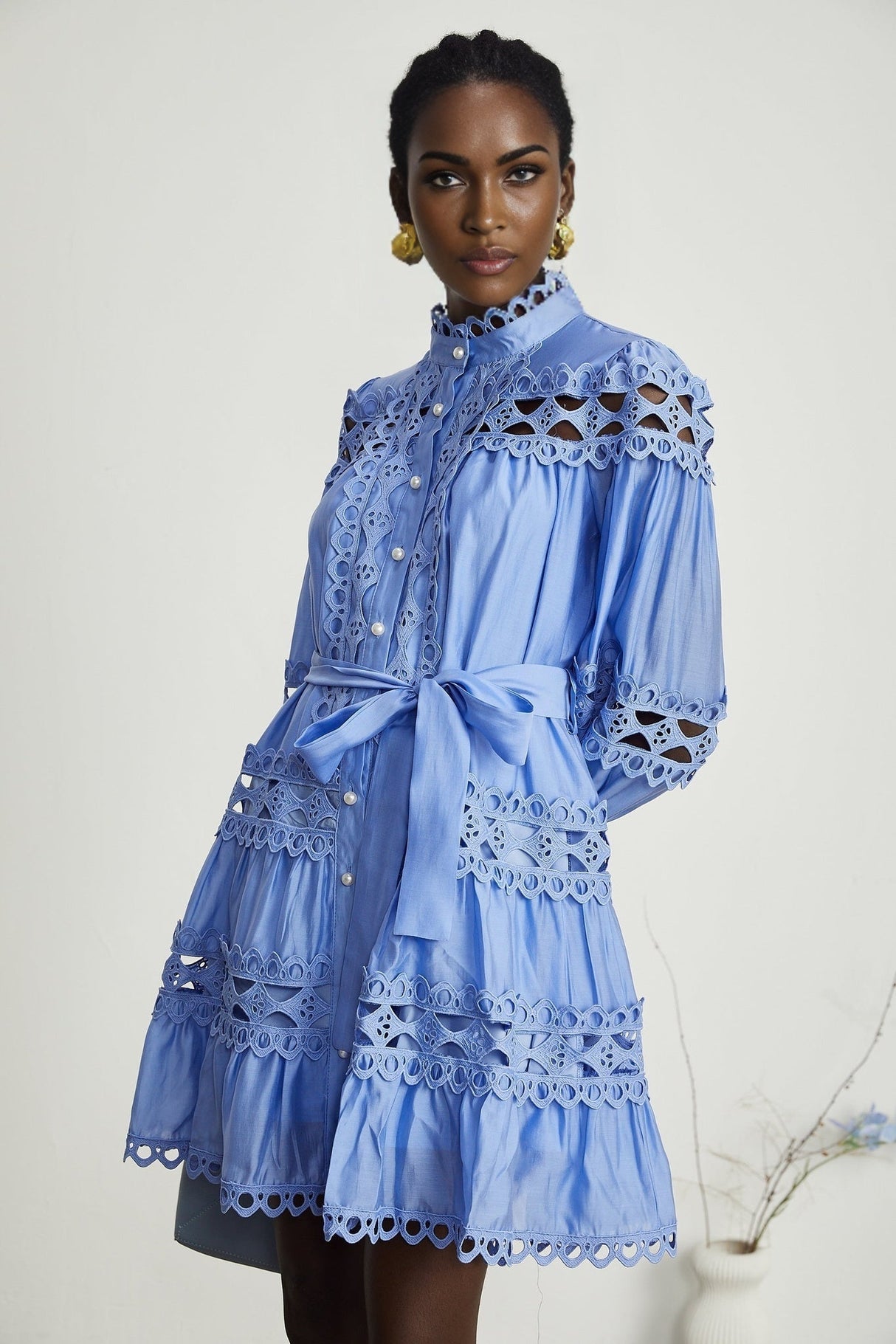 Nova Blue Cut - Out Lace Mini Dress With Waistbelt and Button Front