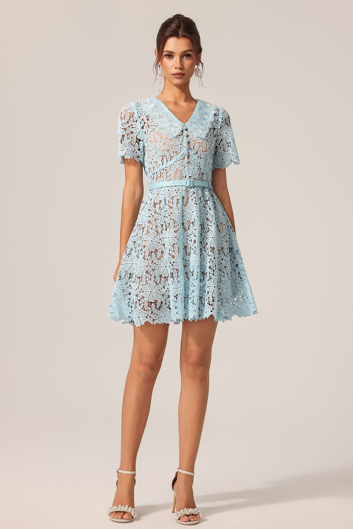 Nunzia Blue Lace Floral Mini Dress Vintage Collar Short Sleeve Summer Garden Party Fit Flare
