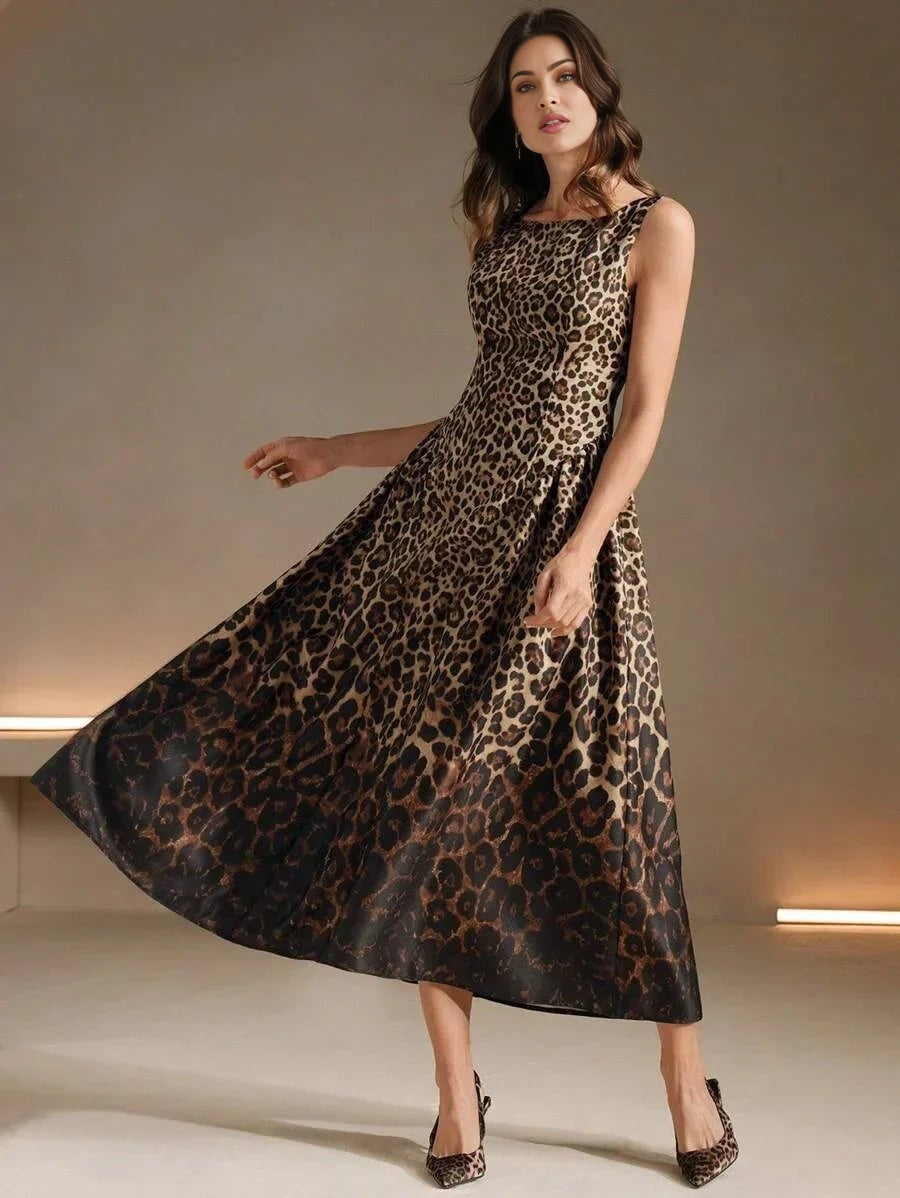Nunzia Midi Dress - Round Neck - High Waist - A Line - Leopard Print - Elegant