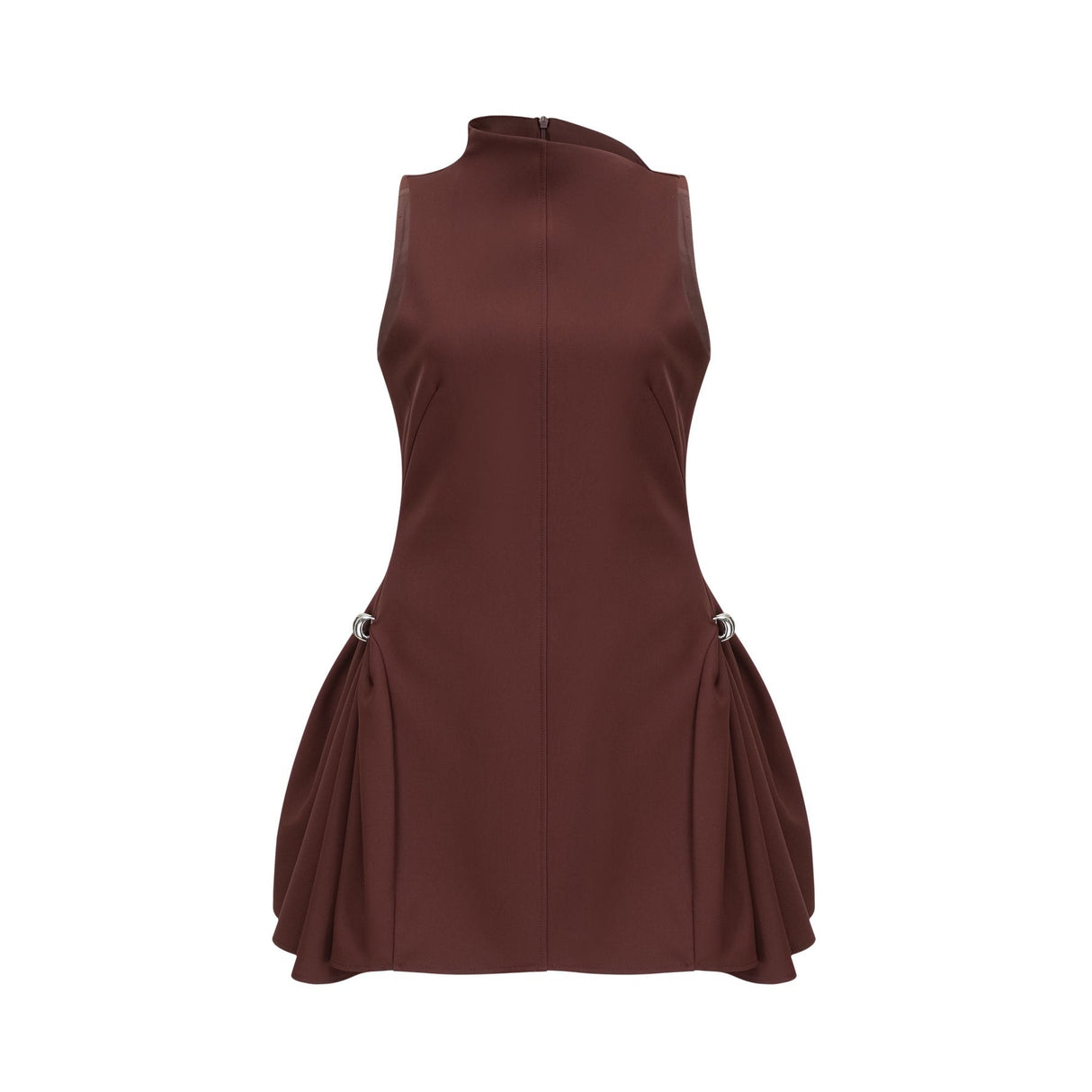 Nunzia Mini Dress Brown Asymmetric Neck Puff Cinched Waist