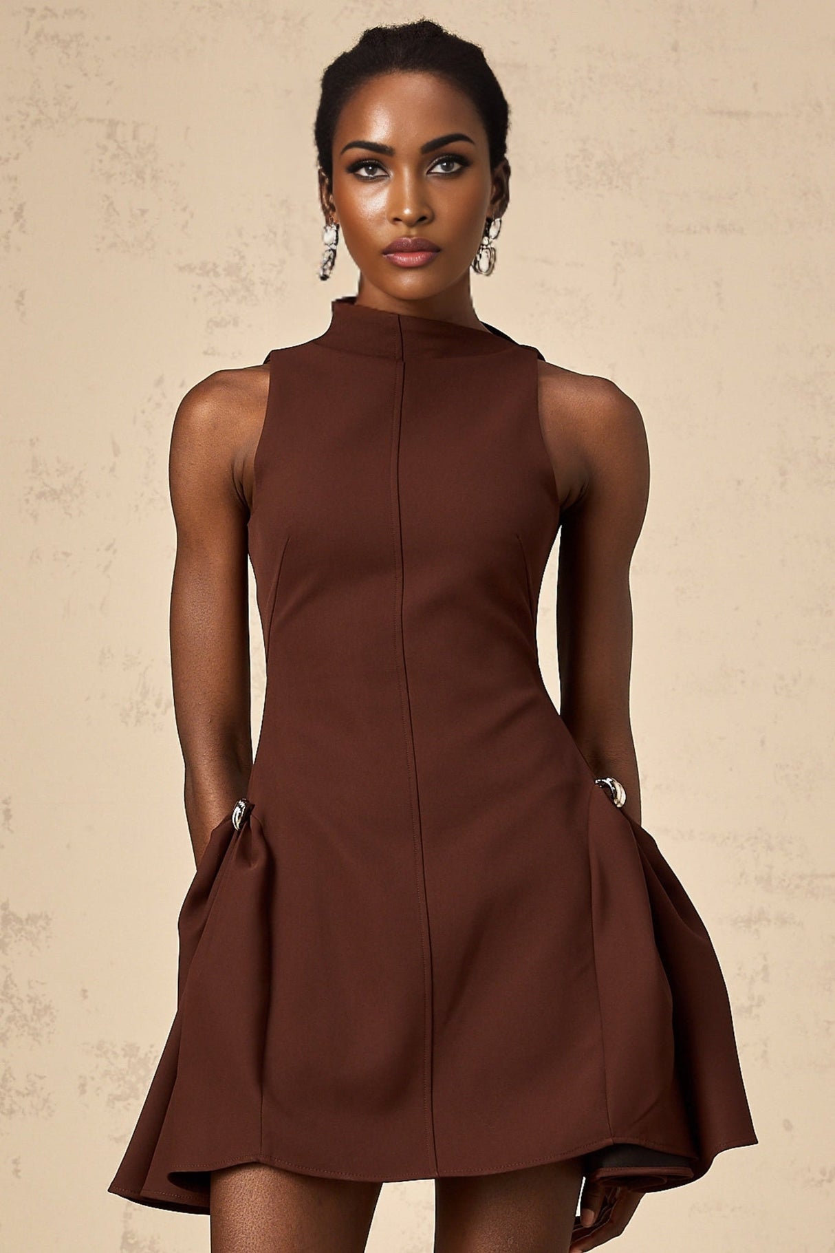 Nunzia Mini Dress Brown Asymmetric Neck Puff Cinched Waist