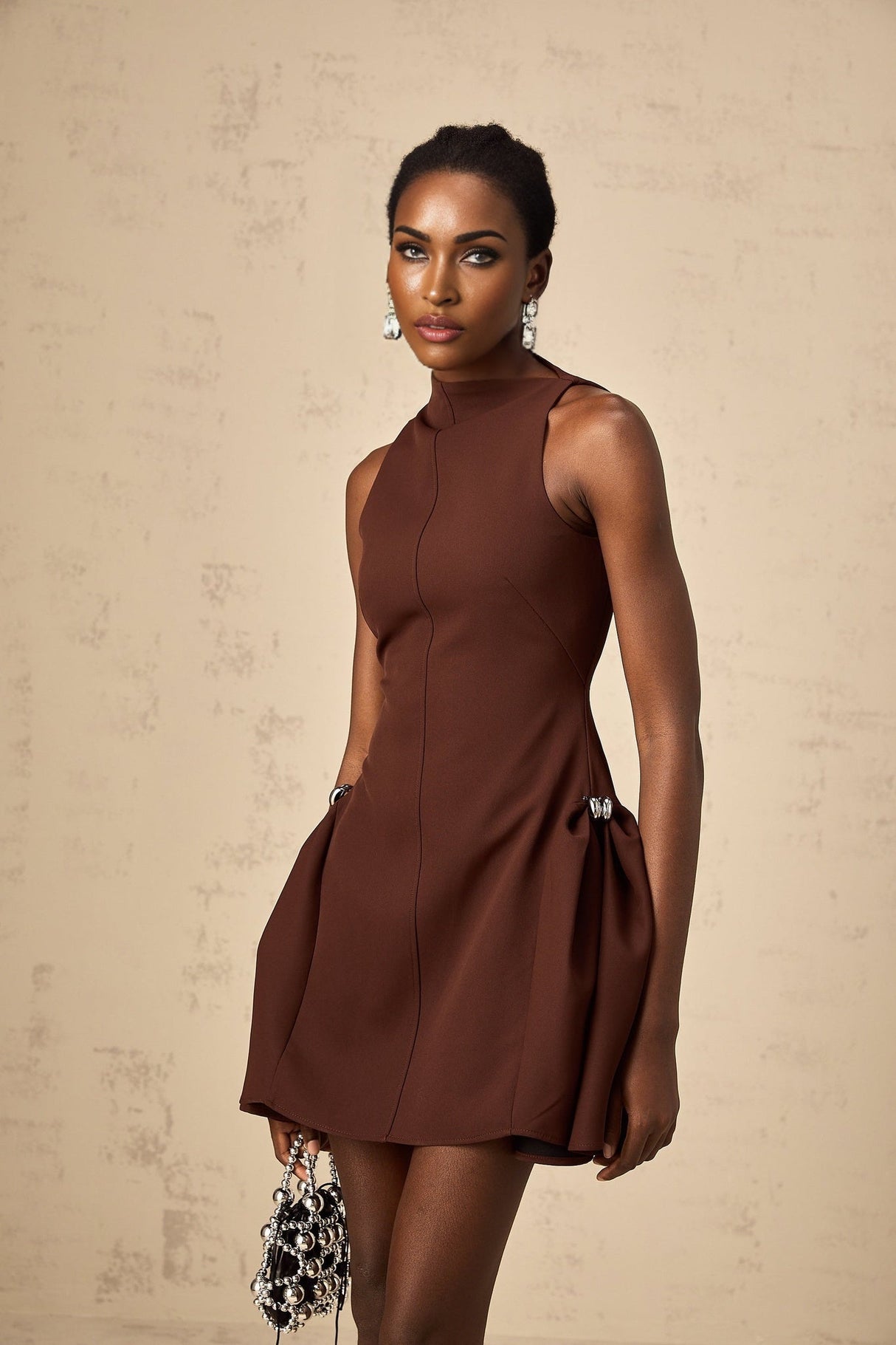 Nunzia Mini Dress Brown Asymmetric Neck Puff Cinched Waist