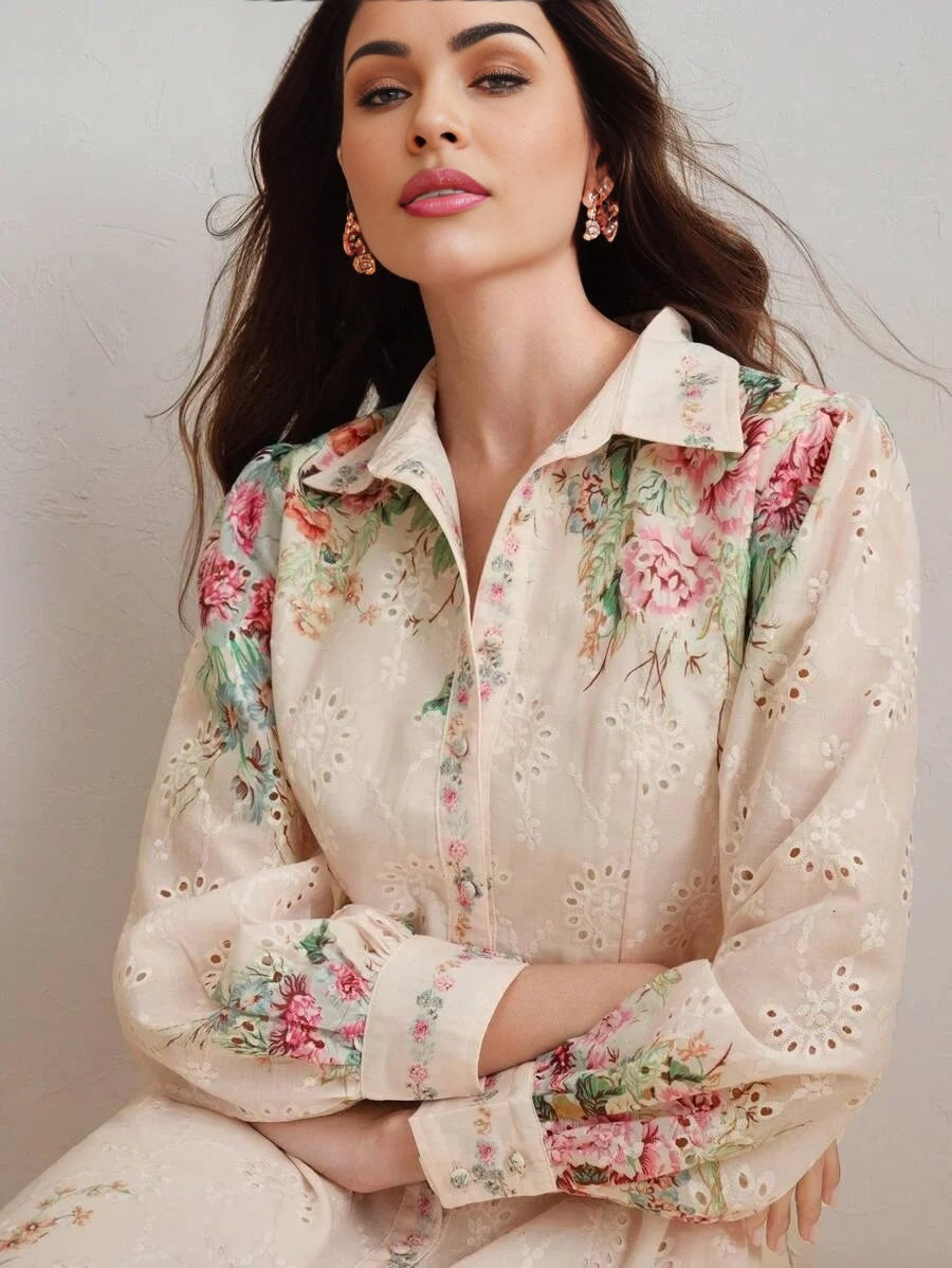 Oakley Midi Dress - Shirt Collar - Bishop Sleeve - High Waist - Floral Pattern - Elegant Style