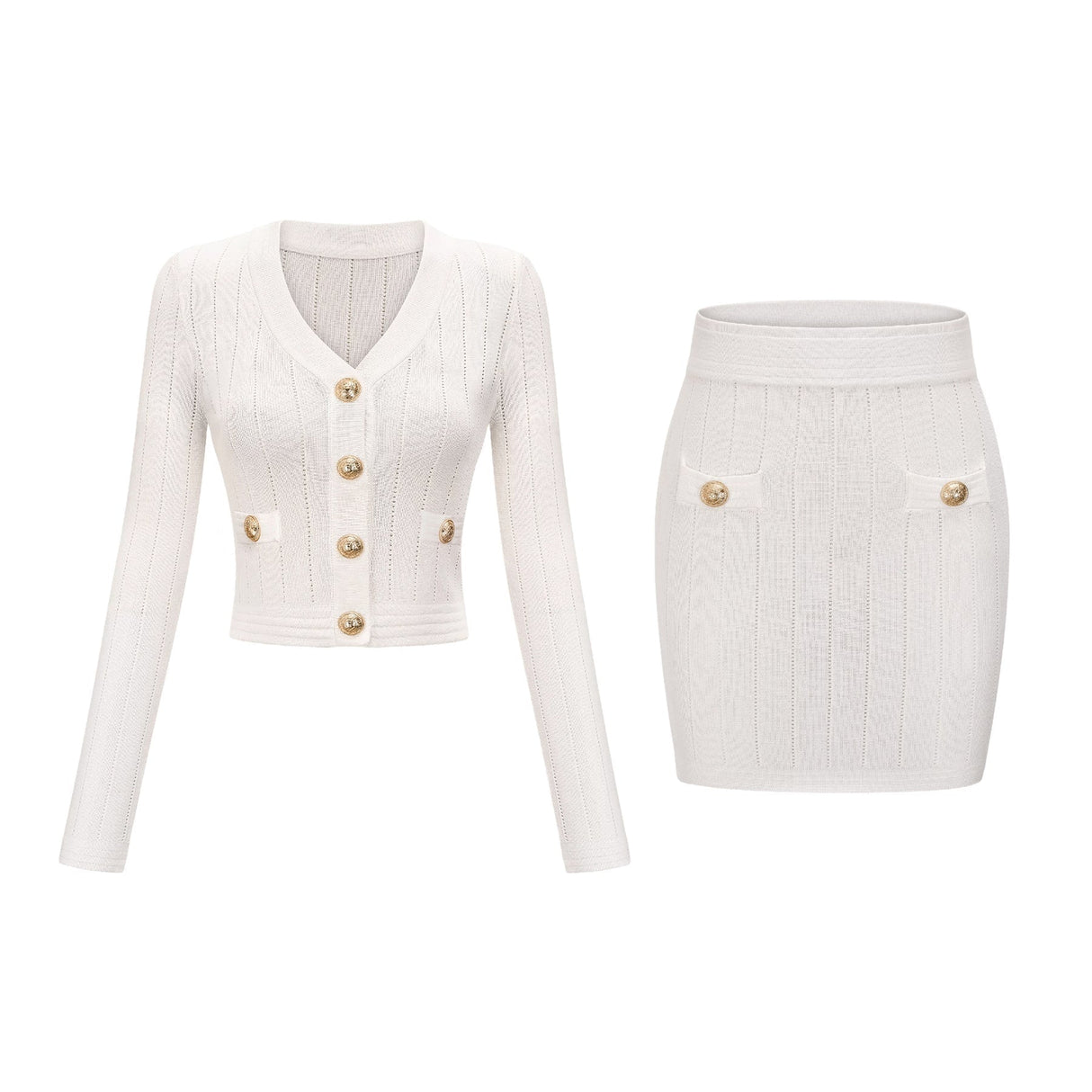 Oakley Skirt & Top Set Rib Knitted Button Detail White