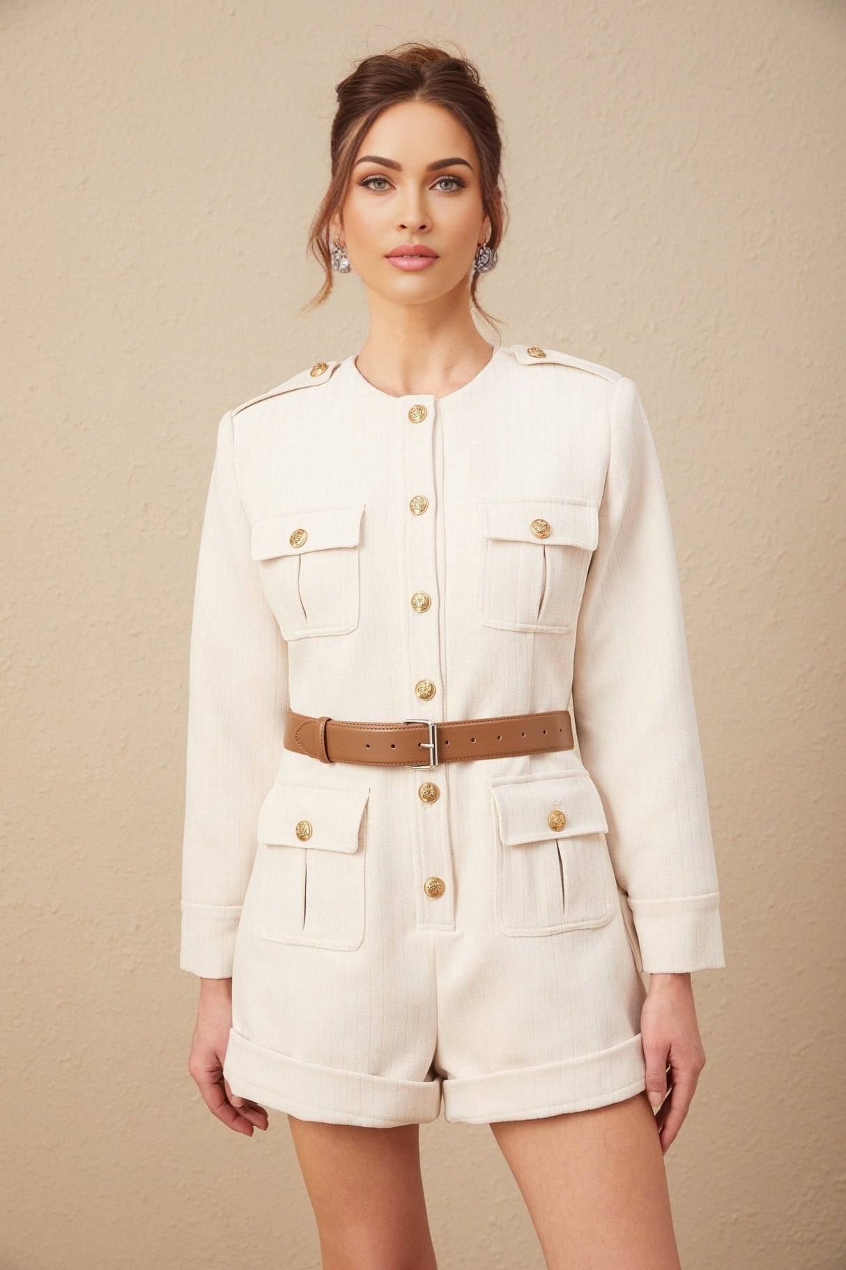 Octavia Bodysuit Long Sleeve Buttoned Cuffs Round Neck Gold Buttons