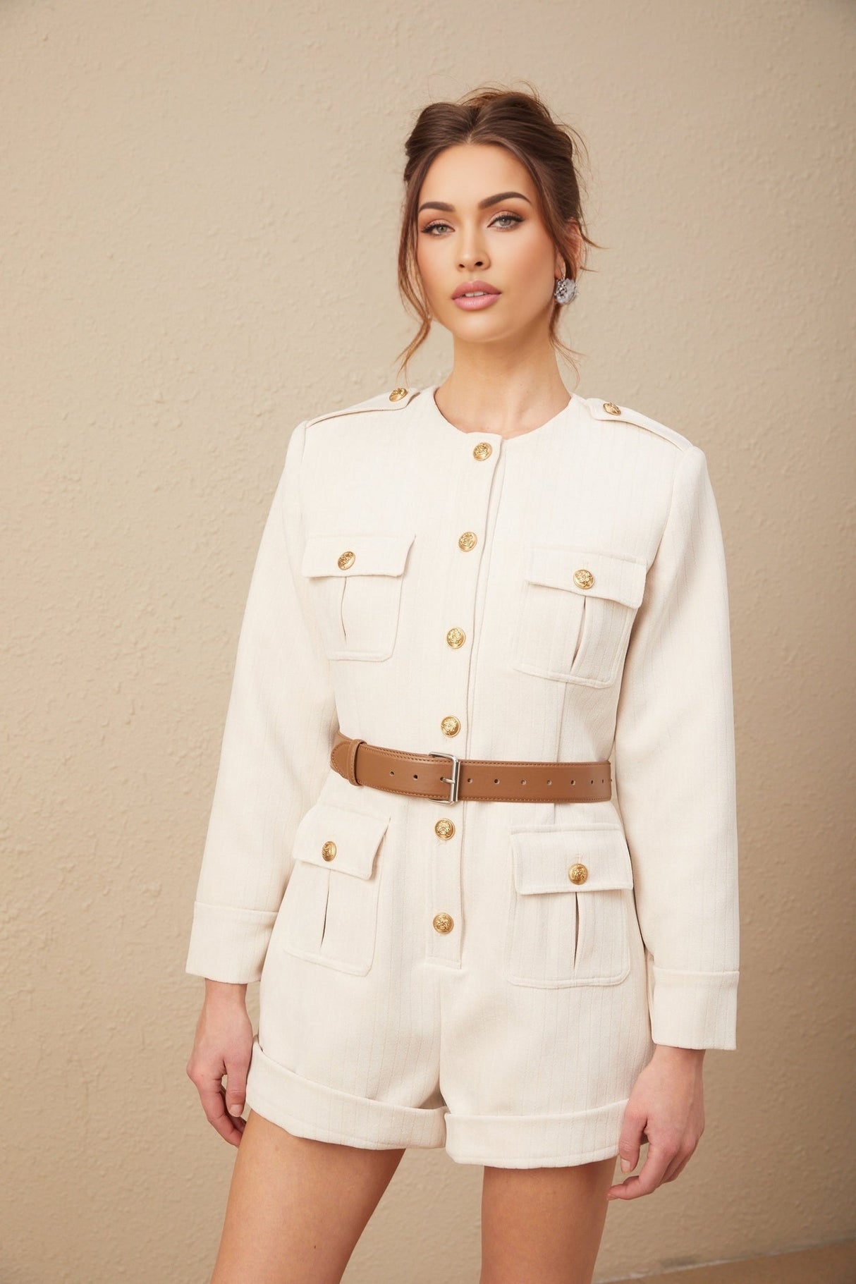 Octavia Bodysuit Long Sleeve Buttoned Cuffs Round Neck Gold Buttons