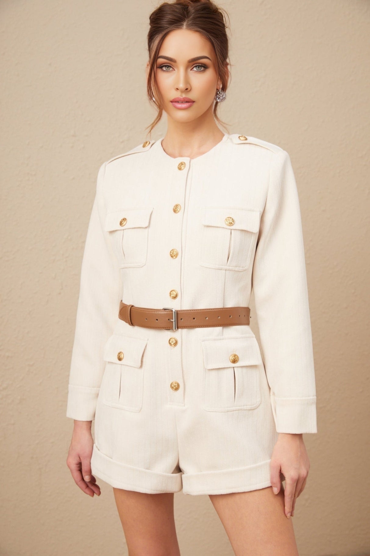 Octavia Bodysuit Long Sleeve Buttoned Cuffs Round Neck Gold Buttons