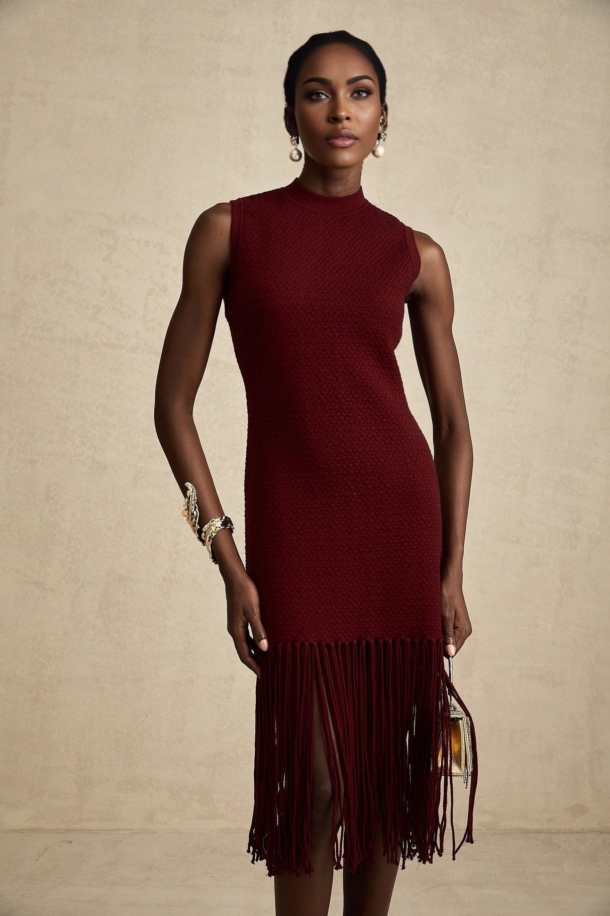 Octavia Midi Dress Vibrant Red Fringe Detail Crew Neck