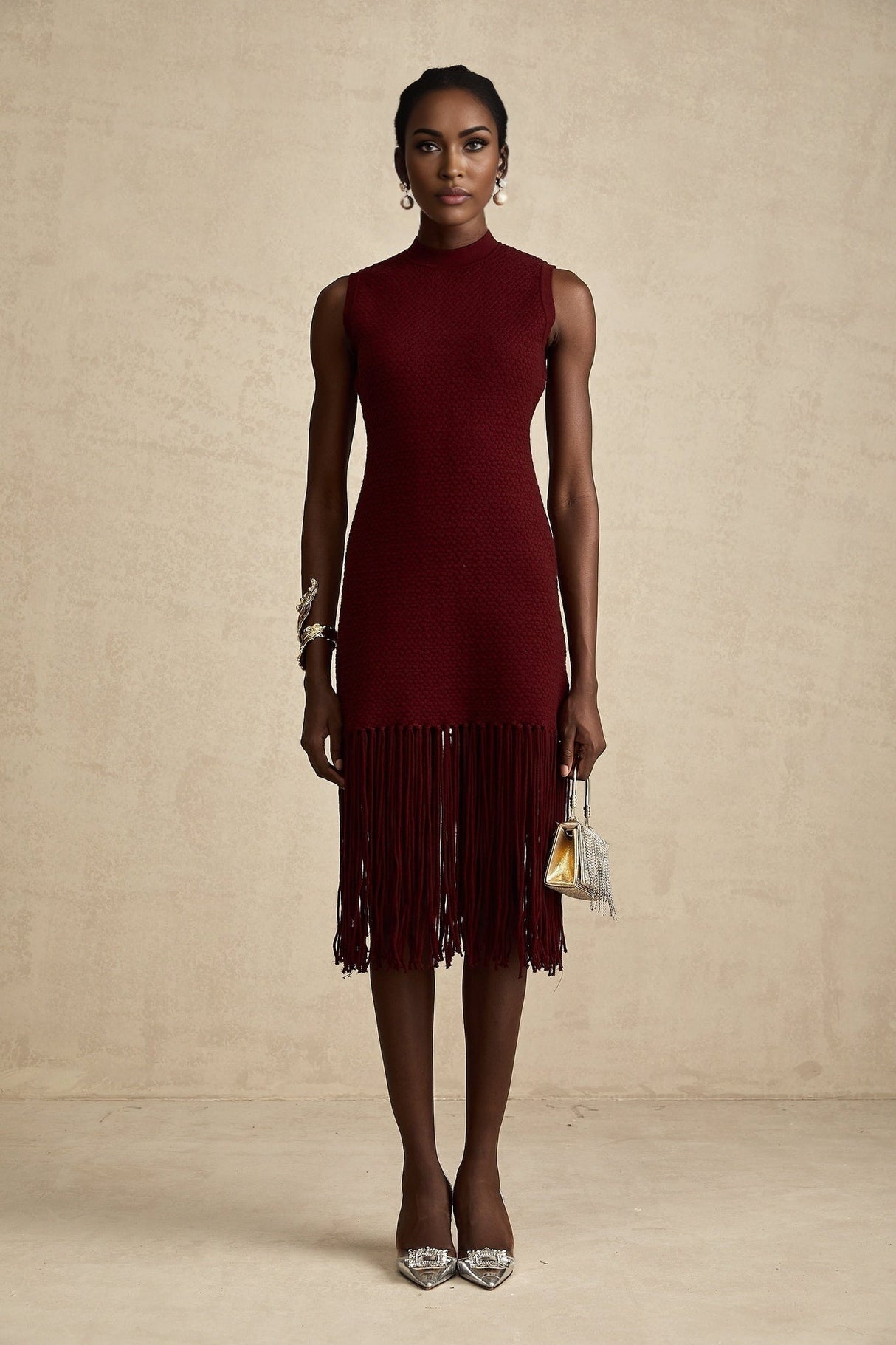 Octavia Midi Dress Vibrant Red Fringe Detail Crew Neck