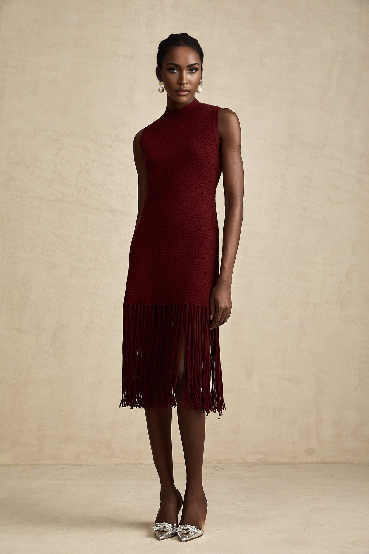 Octavia Midi Dress Vibrant Red Fringe Detail Crew Neck