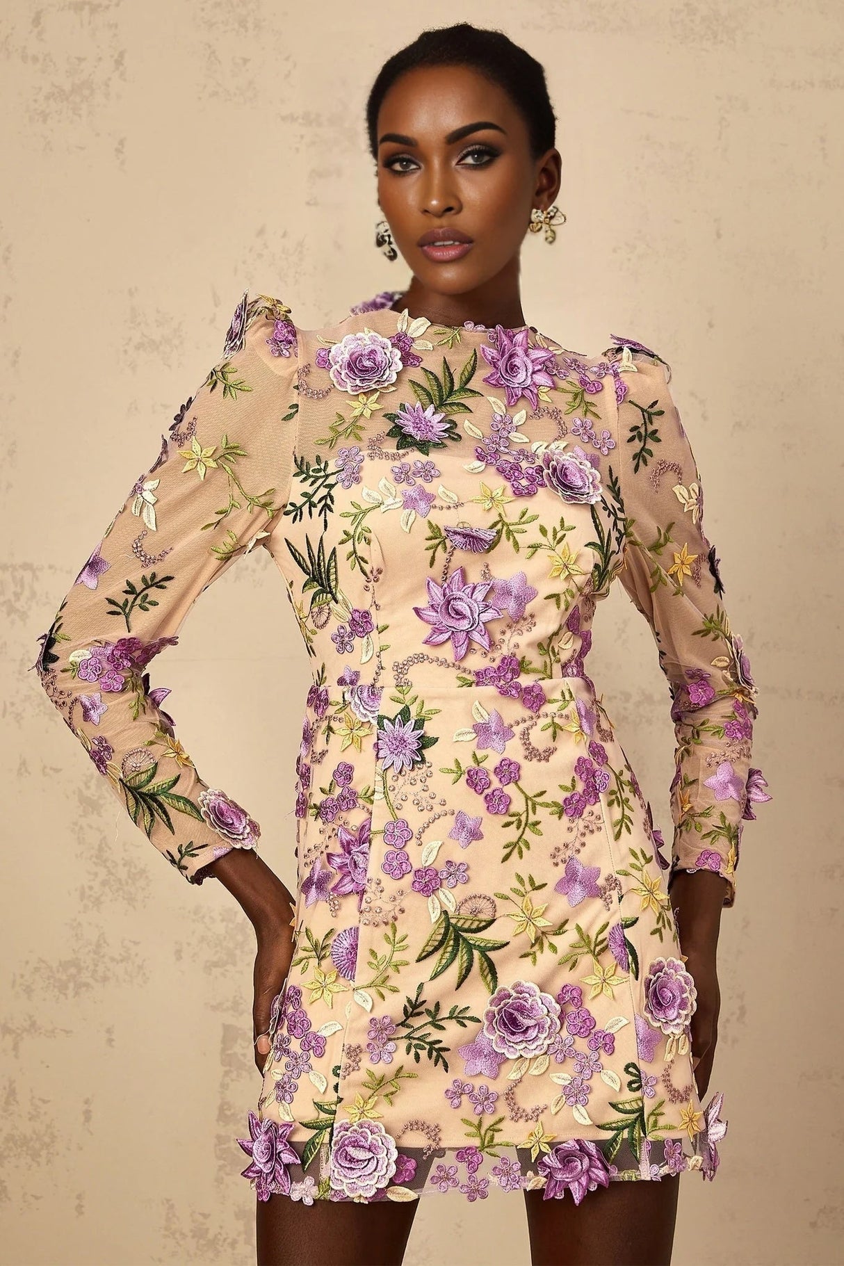 Ofelia Mini Dress Purple Floral Appliqu Embroidered Tulle